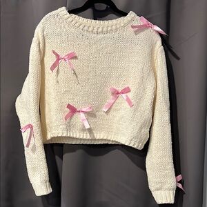 Cream Sweater with Pink Ribbon Accents